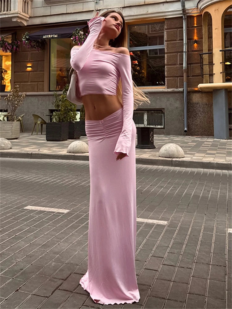 Absobe Bow Tie Shiring Maxi Skirt Suit Women Long Sleeve Off Shoulder Crop Top Patchwork Lace Edge Long Skirt Hottie Slim Outfit