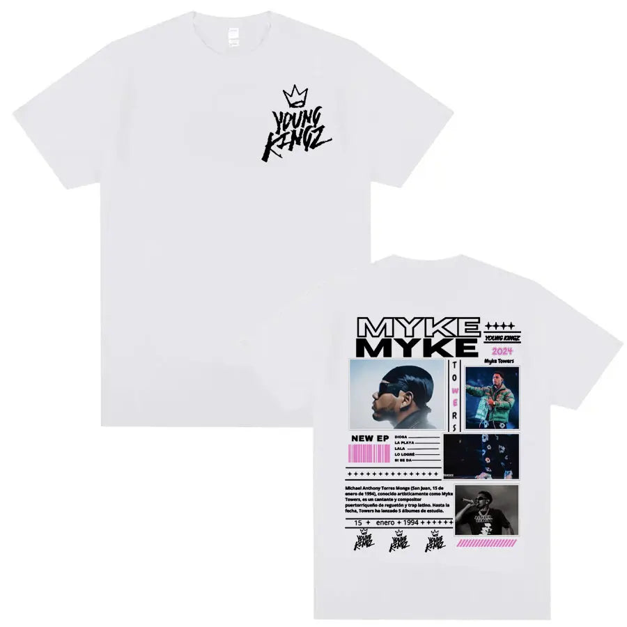 Rapper Myke Towers Young Kingz Album Graphics T Shirts Men Women Fashion Vintage Hip Hop T-shirt Casual Cotton Oversized T Shirt