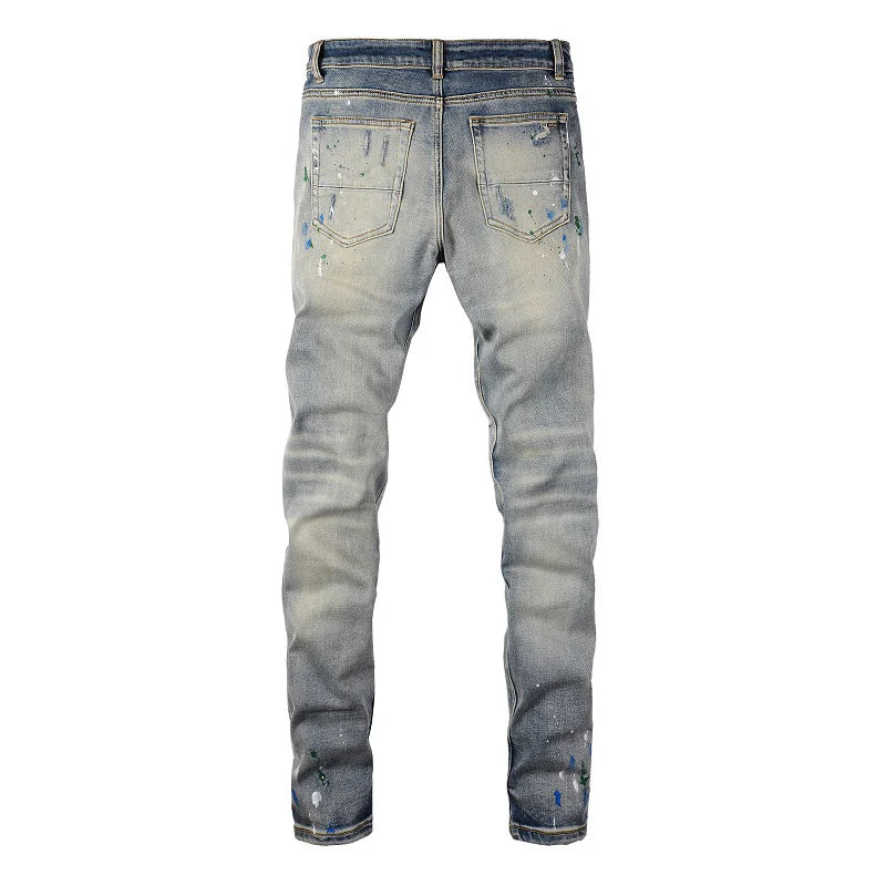 Men Painted Stretch Denim Biker Jeans Streetwear Cracked Patch Patchwork Holes Ripped Distressed Pants Skinny Tapered Trousers