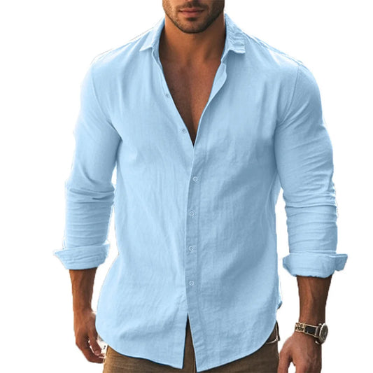 Shirt Men Cotton Linen Hawaiian Shirts Long Sleeve Placket Button Down Tops Breathable Spring Summer Men's Shirt